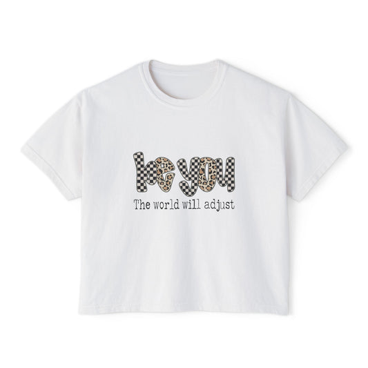 Boxy Tee — 'Be You' Leopard & Checker Graphic, "The World Will Adjust"