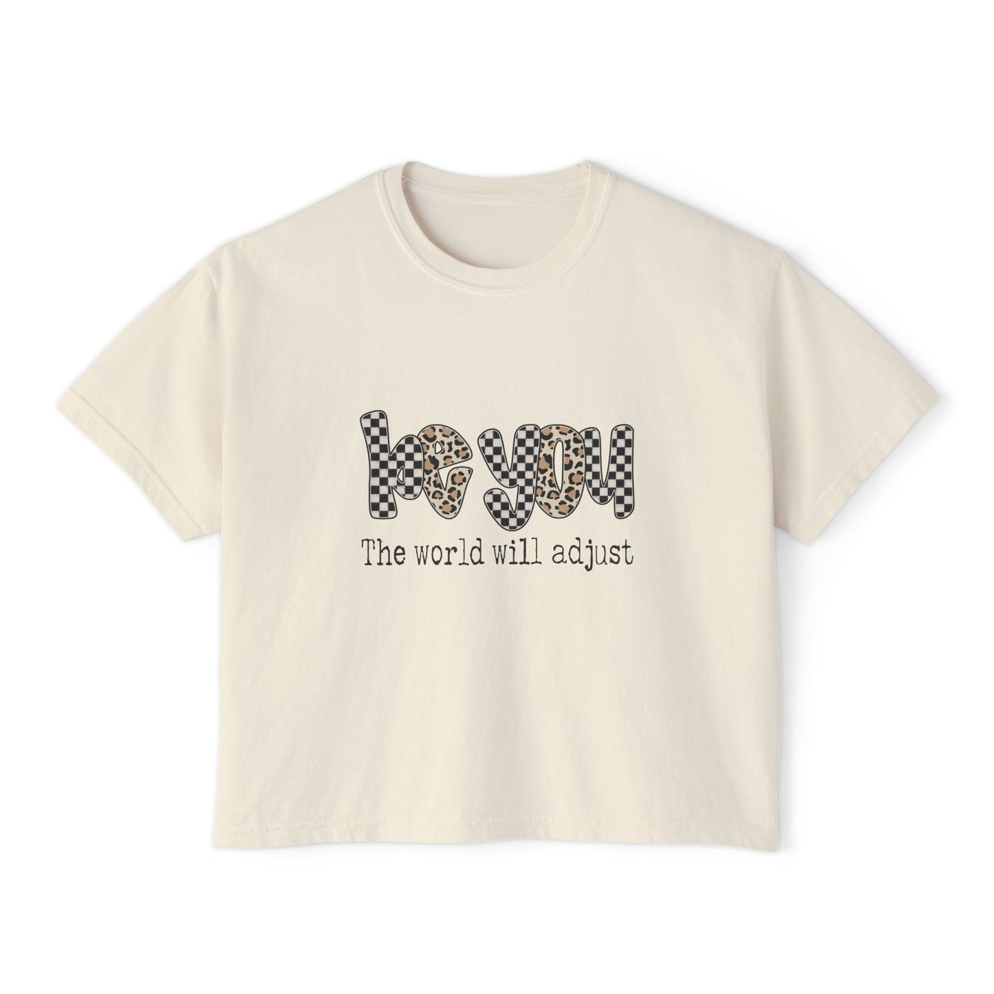 Boxy Tee — 'Be You' Leopard & Checker Graphic, "The World Will Adjust"